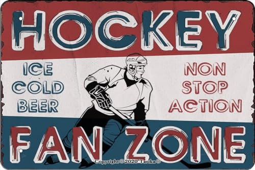 Vintage Blechschild Hockey Ice Cold Beer Non Stop Action Fan Zone Vintage Look 20 x 30 cm Blechdekoration Malerei Schild für Zuhause Bauernhof Garage Lustige Wanddekoration