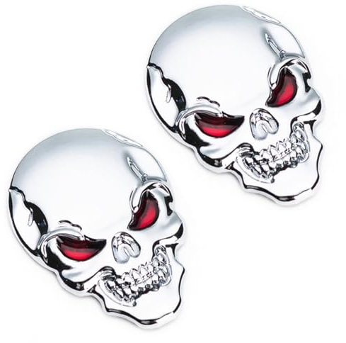 HSIXHAF 3D Metallschädel Autoaufkleber, 3D Schädel Zink Legierung Metall Auto Aufkleber Schädel Emblem Abzeichen Auto Styling Aufkleber Zubehör für Auto Motorrad(2 pcs, Silberne, rote Augen)