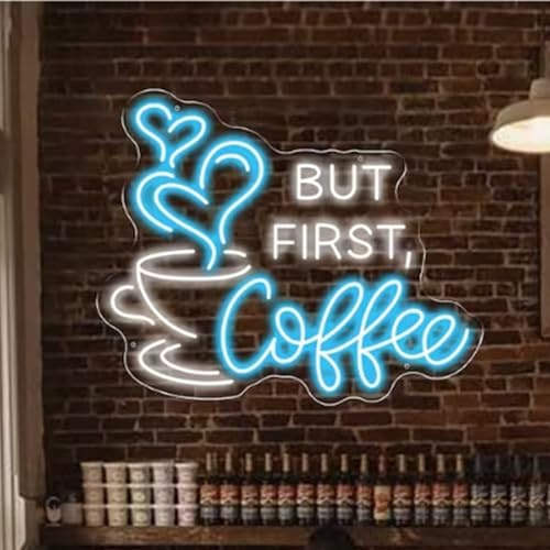 But First Coffee Neon Sign Large 5V USB Powered Acrylic Neon Lights with Dimmable Switch and Hanging Chain for Coffee Cafe Bar Party Living Room Sign Gifts 14 * 11.3inch(Ice Blue)