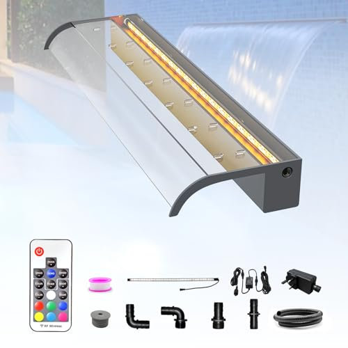 LONGRUN 90cm Teich Wasserfall Klingen Set, Acryl Gebogener Wasserfall Überlauf, Außenpool Brunnen mit 7 Farben LED Lichtern und Fernbedienung, Breite 26cm