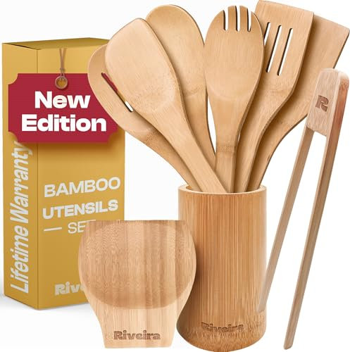 Riveira Bamboo Wooden Spoons for Cooking 9-Piece with Holder, Apartment Essentials Wood Spatula Spoon Nonstick Kitchen Utensil Set Premium Quality Housewarming Gifts for Everyday Use