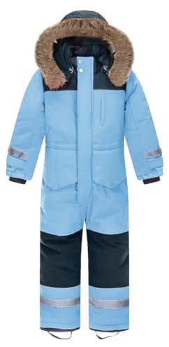 L SERVER Kinder Skianzug Jungen mit Kapuze Winddichte Wasserdichte Schneeoverall Mädchen Warmer Schneeanzug Dickere Skioverall mit Reflektierenden Streifen, Azurblau, 146