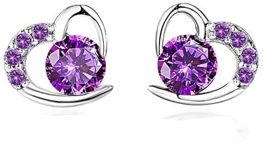 Kaguyo Silver Earrings for Women - Rose Gold Plated 925 Sterling Silver Amethyst Clear Zircons Love Heart Stud Earrings for Women and Girls - Birthday Gift