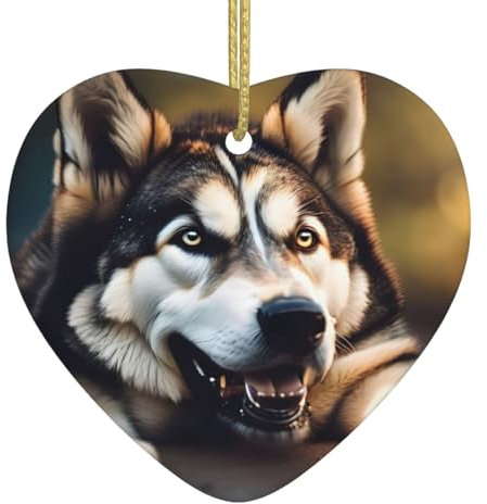 Niedlicher Husky-Druck, Weihnachtsbaum, herzförmiger Keramik-Anhänger, personalisierbar, DIY-Urlaubsdekoration, zum Aufhängen