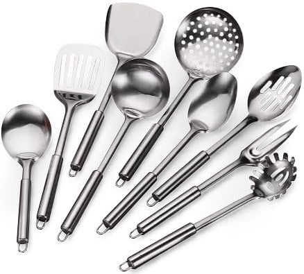9 Piece Set Stainless Steel 410 Utensil Set Soup Ladle, Slotted Pasta and Turner. Has Hooks on The Ends to Hang Them up, no Rack Included. Student Starting Kitchen Set, Non Stick Kitchen Utensils Set