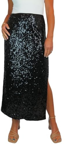 Paulo Due Women's Maxi Sequin Skirt with Side Leg Split Black (20-22) XL