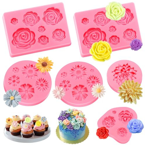 Kisvic Moldes de silicona con forma de flor 3D, 6 unidades, forma de rosa para fondant, moldes de silicona para decorar tartas, chocolates, dulces hechos a mano
