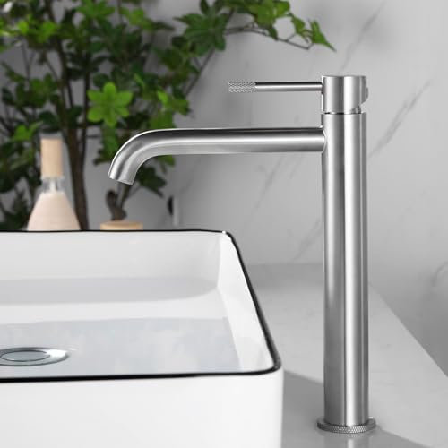 PHASAT Robinet de Lavabo Haut pour Salle de Bain, Mitigeur Lavabo Haut Vasque à Poser, Robinet de salle de bain en Acier Inoxydable, Nickel brossé PTMP23L