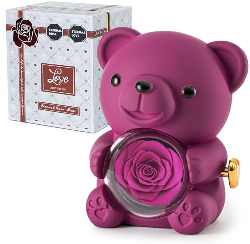 Ariceleo Purple Teddy Bear with Preserved Rose, Real Rose Flower in Bear, Elegant Gift Box, Heart-Shaped Necklace, Unique Gift for Valentine's Day, Mother's Day, Wedding, Anniversary, Bridal Showers