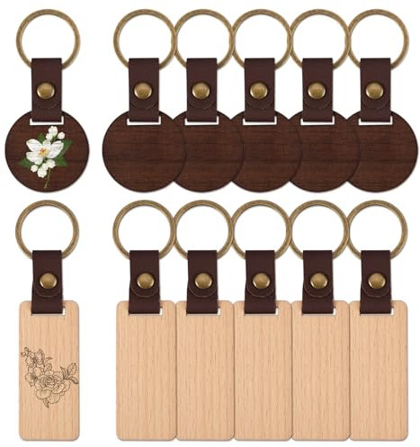 12 Stück Schlüsselanhänger Holz Rohling, Leder Wooden Schlüsselringe Personalisierter, Holz Schlüsselanhänger Rohlinge, Beschriftbar Naturholzscheiben Schlüsselringe für Geschenke, DIY, Schlüsselring