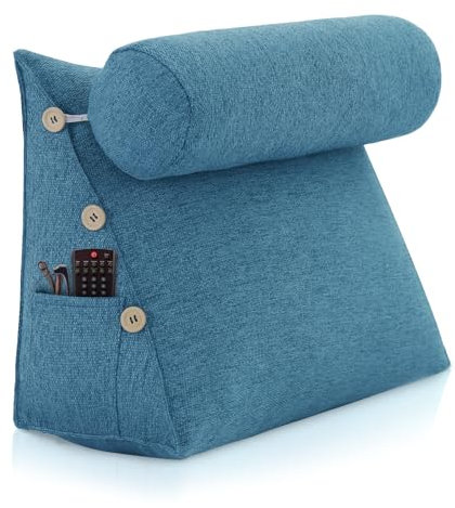 Bettkeil-Lesekissen, verstellbares Lesewurfkissen, dreieckiges Kissen, Keilkissen, Couchkissen für Lendenwirbelsäule, Nacken, Rückenstützkissen mit abnehmbarem Leinenbezug (blau