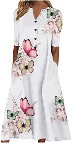 Womens Summer Dresses UK Sale Clearance Casual Maxi Loose T Shirt Dress 3/4 Sleeve Button V Neck Henley Dress Trendy Floral Printed Beach Boho A-Line Flowy Long Dresses with Pockets