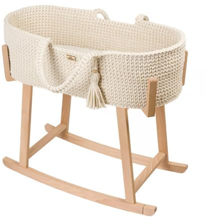 LIL'THINGS Moseskorb Set mit Schaukelgestell – Handgefertigt aus Baumwolle & Buchenholz – Mit Matratze & Wippfunktion – Komplettset - 77x37x23 cm - Ecru/Holz