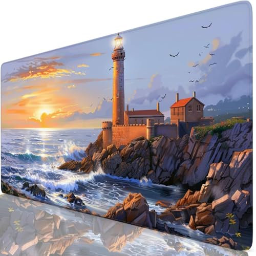 Tapis de Souris XXL 100x50cm, Phare Tapis de Souris Gaming, sous Main Bureau Gaming Mer Mouse Pad avec Coutures sur Les Bords, Antidérapant Mouse Pad Accessoire Bureau pour Gamer,Maison,Cadeau Y8-100