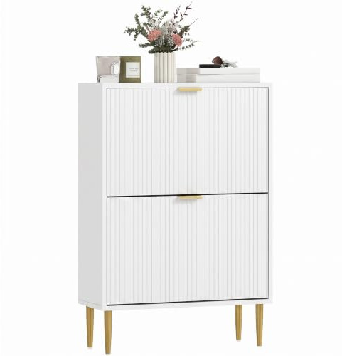 HOMCOM Narrow Shoe Cabinet with 2 Flip Drawers, 6-12 Pairs, White | Space Saving Modern Slim Shoe Storage Cabinet, Fluted Doors, Adjustable Shelves, Tight Hallway