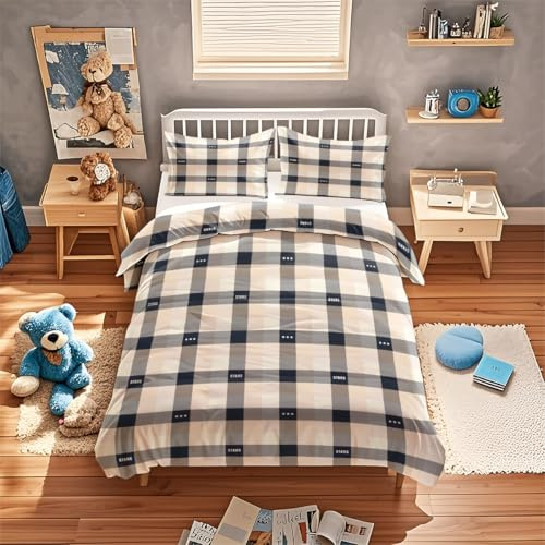 ViblyCoz Single Bed Duvet Cover Set Checked Navy Beige 3 Piece Bedding with 1 Duvet Cover and 2 Pillowcases 135x200cm