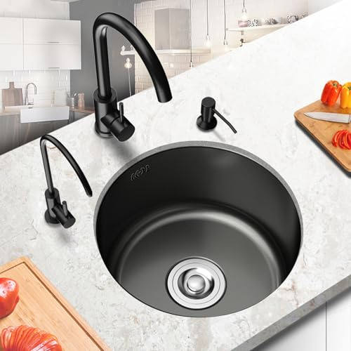 XJTNLB Spülbecken Küche Edelstahl Rund 32 cm Waschbecken Schwarz Küche 1 Becken Küchenspüle Edelstahl