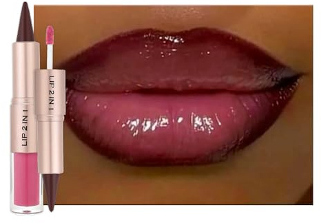 Double-Ended Pink Lipgloss Matte Brown Lip Liner Lipstick, 2-in-1 Glossy Liquid Lip Stick, Hydrating Lipgloss Makeup Tinted Lip Balm Stain, Gift for Women