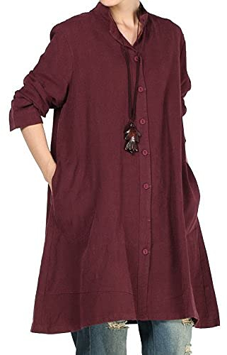 Vogstyle Damen Herbst Baumwolle Leinen Voller vorderer Knopf Blouse Kleid mit Taschen Style 1 Medium Red