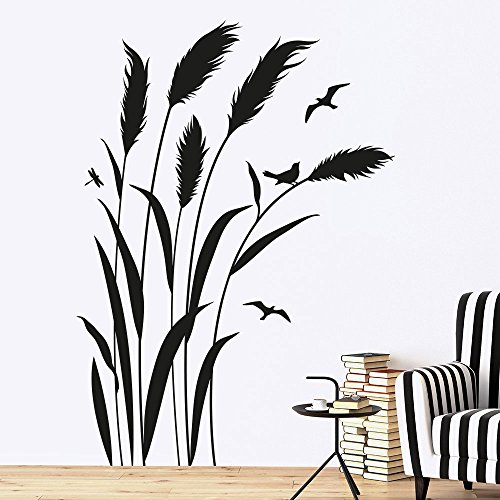 KLEBEHELD® Wandtattoo Pampasgras mit Vögel | RECHTS | Größe 57x80cm, Farbe schwarz