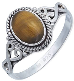 mantraroma Silber Ring Damen 925 Tigerauge Edelstein braun ausgefallen verspielt