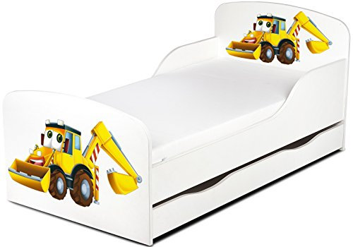 Leomark Einzelbett aus Holz ~ Yellow Excavator ~ Kinderbett mit Schubladen für Bettwäsche, Stauraum, Holzbett mit Matratze Lattenrost, Komplett Set, Liegefläche 70/140 cm, UV-Druck
