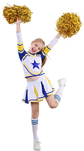 LOLANTA Mädchen Karneval Kostüm, Cheerleader Uniform Outfit + Poms + Socken Kleidung Kleid, Gelb, Etikettengröße: 130