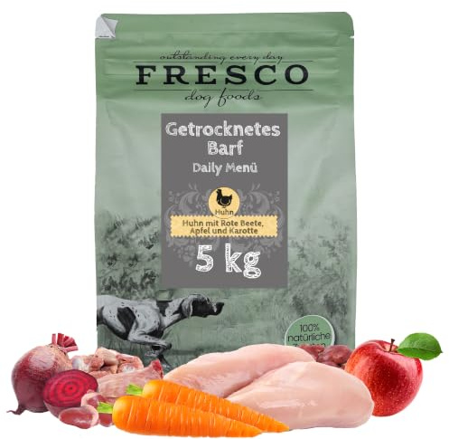 FRESCO Dog TrockenBarf für Hunde Huhn Daily Menü 5kg | 71% Frischfleisch | Getreidefrei, zuckerfrei | BARF Hundefutter trocken mit Karotte, Apfel, Rote Beete | Sorgsam luftgetrocknet | Aus Deutschland