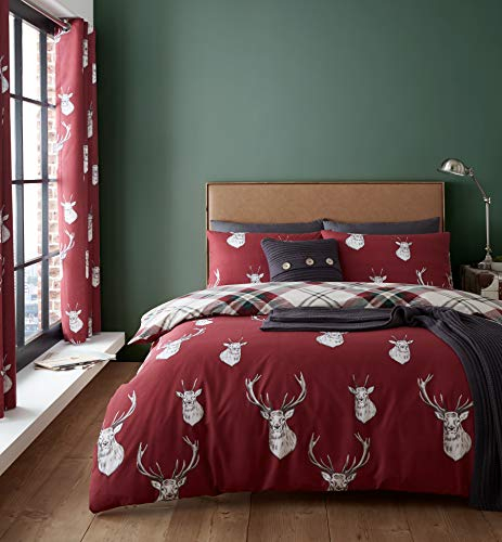 Catherine Lansfield Stag Check Munro Wende-Bettwäsche-Set mit Hirschkaro, Polybaumwolle, rot, King Size