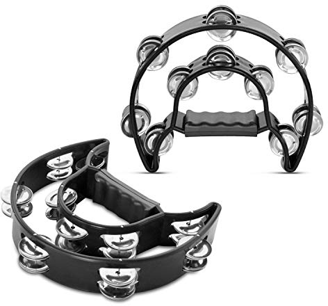 Flexzion Tamburin, Handtrommel - 2er-Pack, 25cm Schellenkranz mit Handgriff, Musik Schlaginstrument, zweireihig Schellenring in Halbmond-Form Rahmen, mit 20 Paar Metall Schellen, Schwarz