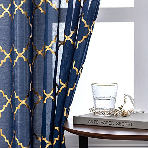 Kotile Navy Blue Sheer Curtains-84 Inch Length - Metallic Gold Foil Moroccan Tile Print Curtains Privacy Protect Window Treatment Navy Drapes for Living Room, 52 x 84 Inches, 2 Panels, Navy and Gold