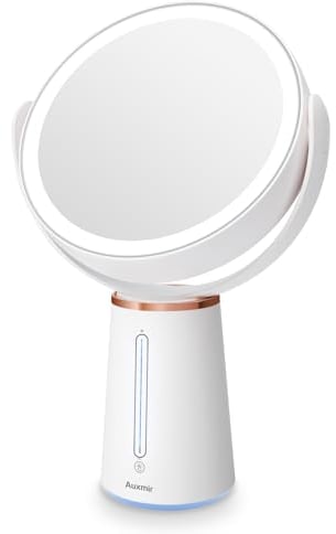 Auxmir Schminkspiegel mit Beleuchtung, LED Kosmetikspiegel 1X/ 10X Vergrößerungsspiegel mit Licht & 10 Dimmbar Helligkeit, Tischspiegel 360° Drehbar Spiegel mit 52 LEDs für Schminktisch, 2500mAh