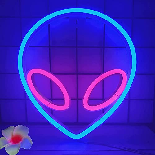 NIWWIN - Señal de luz de neón, cabeza alienígena azul y rosa, luz decorativa de pared, pilas 3AA (no incluidas) O use una fuente de alimentación USB-A,Se utiliza para la decoración del dormitorio.