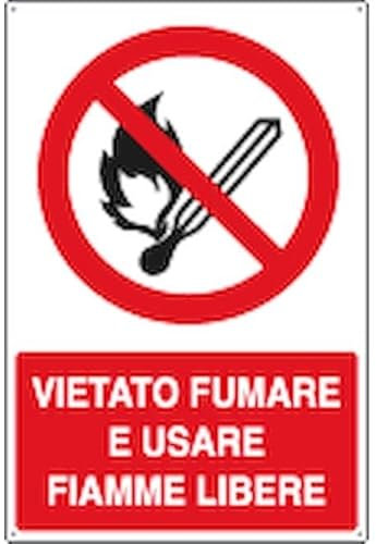 NEW CARTELLO SEGNALETICO - vietato fumare e usare fiamme libere - Adesivo Extra Resistente, Pannello in Forex, Pannello In Alluminio (ADESIVO 30X42 CM)