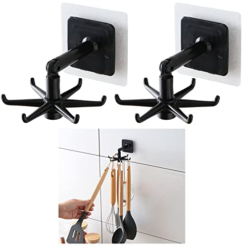 elthmpr Hakenleiste für Küchenutensilien 360 ° Drehung Haken für Küchenutensilien mit 6 Haken 2PCS Befestigen ohne Bohren Rack für KücheBadHängende Aufbewahrung
