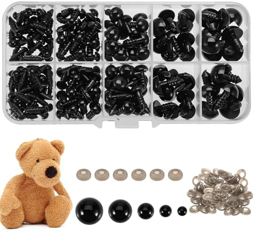 200 Stück Sicherheitsaugen, 5–12 mm Puppenaugen mit Unterlegscheiben, Augen für Häkeltiere Kunststoffaugen mit Box für Marionetten Plüschtier Heimwerker