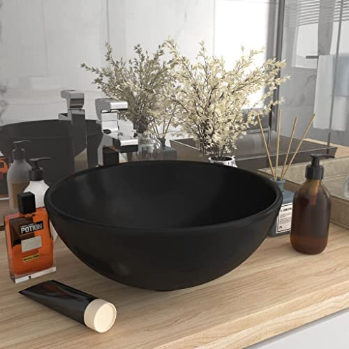 lvssiao Design Waschbecke, Waschbecken Waschtisch Luxus-Waschbecken Rund Matt Schwarz 32,5x14 cm Keramik Aufsatzwaschbecken Waschschale Gäste WC