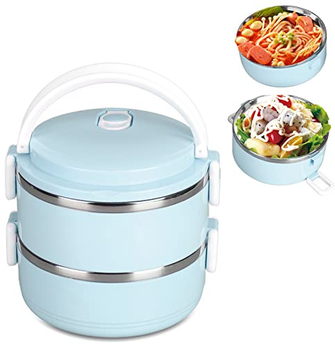 fiambrera,Termo para comida caliente, fiambrera térmica, caja aislada para comida caliente apilable, fiambrera redonda de acero inoxidable 304, contenedores de comida sellados(Doble Capa Azul),