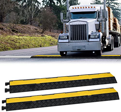 XMTECH Lot de 2 Rampes de Protection de Câble en Caoutchouc - 2 Canaux, Protection Contre Les Surconduites - Noir-Jaune - Pour Parkings, Chantiers de Construction