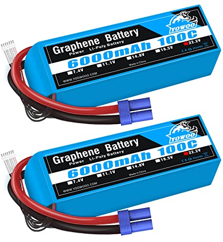 Yowoo Lot de 2 Batteries RC Lipo 6S 6000 mAh 22,2 V 100 C avec fiche EC5 Graphène Lipo Batterie pour Mikado LOGO500 Align T-Rex 550/700E F3C/800E RC DJI Avion Voiture Camion Voiture Bateau