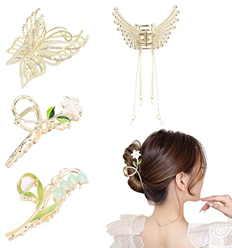 4 Pezzi Mollettone Capelli Donna Grandi Fermaglio Capelli Donna Elegante Clip per Capelli a Farfalla pinze Capelli a Fiore Antiscivolo per Ragazze Capelli Spessi e Sottili
