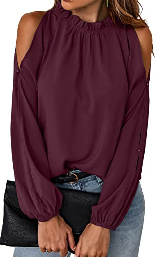 Toplop Womens Cold Shoulder Blouse Long Sleeve - Ruffle Neckline Tunic Top, Casual Elegant Shirt for Work Office Party
