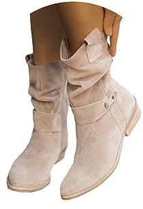 tinetill Donna Stivaletti Scamosciati con Cerniera Scarpe Invernali Pieghettate con Tacco Basso Eleganti Tinta Unita
