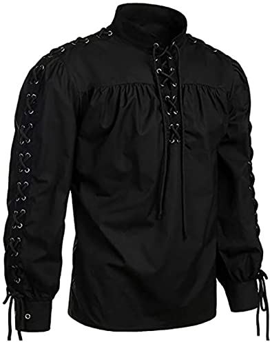Leinenhemd Herren Slim Fit Langarm Schwarz Leinenhemd Wikinger Gothic Kettenhemd Ohne Kragen Vintage Seidenhemd Historische Leinen Piratenkostüm Cosplay Römer Mittelalter Hemd Sommerhemd