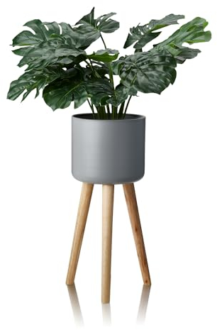 KHG Blumentopf Pflanzkübel Grau 28 cm Durchmesser | Pflanzenständer im Scandi Look Höhe 60 cm | Übertopf aus Metall wasserfest mit Holzbeinen, ideal für Wohnräume & Büro