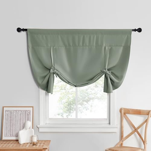 NICETOWN Kitchen Window Curtains for Cabinet, Farmhouse Tie Up Short Curtains for Small Window Thermal Roman Shade Adjustable Valance Balloon Blind for, 52 x 45, Greyish Green, 1 PC