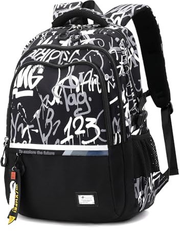 Amythe Schulrucksack Jungen Rucksack Teenager – Wasserdichter Lässiger Daypack Groß Schulranzen, Mittelschulen und Gymnasien Hochschulen, Ideal für Schule Reisen, Schwarz