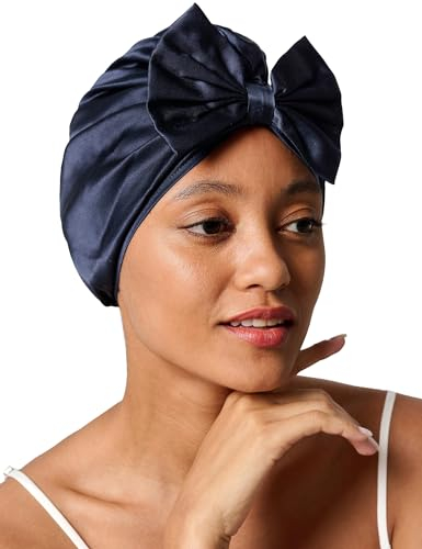 LilySilk Damen-Schlafmütze aus 100% Maulbeerseide Vintage-Schlafmütze mit Schleife Vorne, Größenverstellbar, Schlafmütze im französischen Stil, Niedliche Haarpflege-Seidenhaube, Dunkel Blau