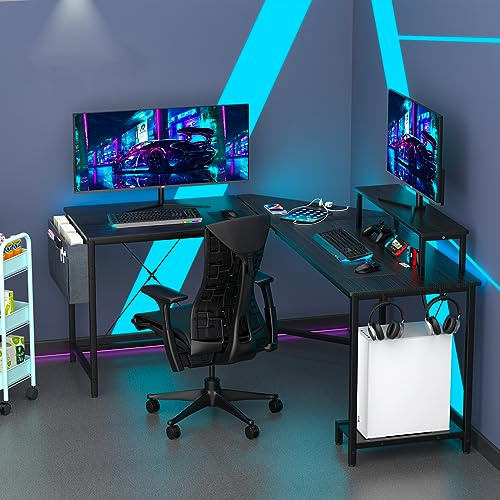 PIPIPOXER Bureau d'Angle en Forme L avec Port de Charge USB et Prise de Courant, 160-135cm Gaming Desk avec Support d'Écran, Table Plateau en Fibre de Carbone, Sac et Crochet