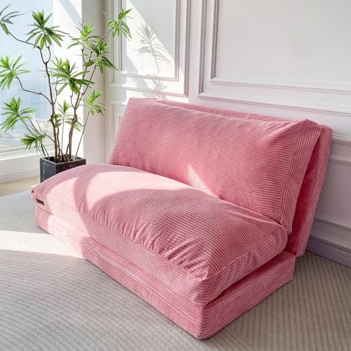 MAXYOYO Sitzsack-Bett, faltbar, Cord-Schlafsofa, Bodenmatratze für Erwachsene, extra dick, 4-Fach gefaltet, Bodencouch für Schlafzimmer, Wohnzimmer, Rosa, 135 x 240 cm